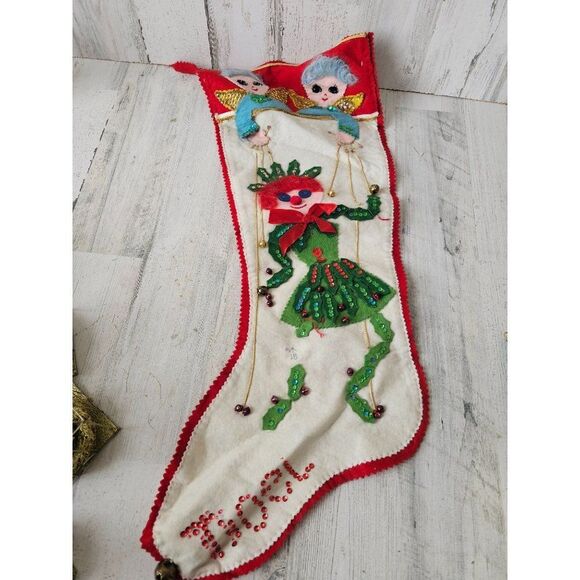 Vintage felt sequin beaded stocking Xmas home decor unique angels   puppet - Picture 1 of 9